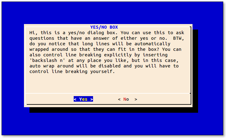 Screen shot of the yesno dialog