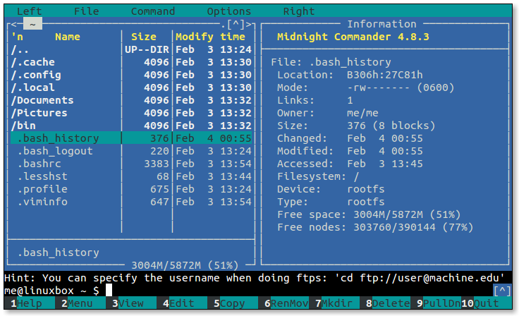 Directory panel in information mode